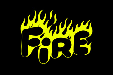 Outline image of the word “FIRE” stylized to look like it’s on fire. Neon sign. Vector image.