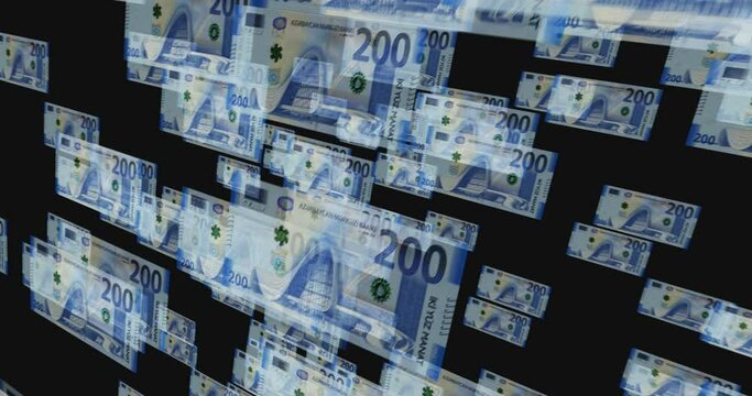 Azerbaijan manat 200 ILS banknote loop. Flying between transparent money Azerbaijani note. 3D seamless looped abstract concept of business, economy, finance, crisis and banking.