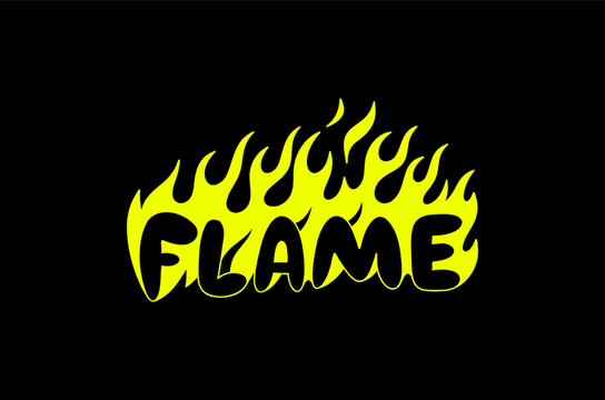 Outline image of the word &ldquo;FLAME&rdquo; stylized to look like it&rsquo;s on fire. Neon sign. Vector image.
