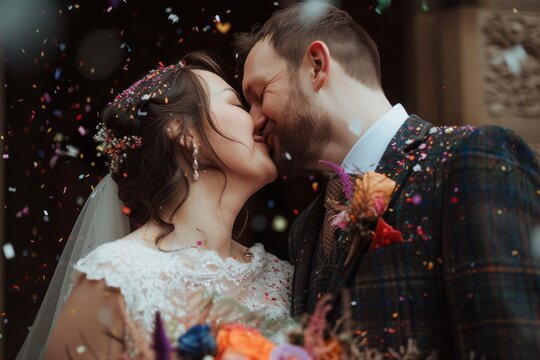 Professional Photography of The Newlyweds Sharing Their First Kiss as Husband And Wife, Generative AI