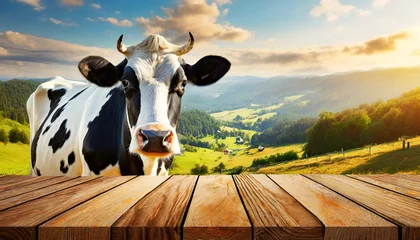 Rolgordijnen Close-up of an empty wooden table and a white and black dairy cow (heifer) looking at the camera, on a countryside landscape. Template for dairy products. Generative Ai. © Alberto Masnovo