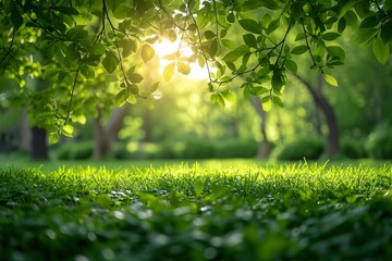 a green grass field with trees and sun shining through it