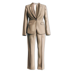 A women's corporate pantsuit in a neutral tone