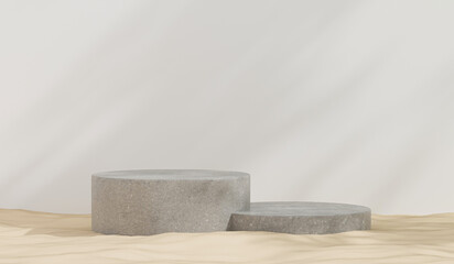 Podium backdrop and mockup, pedestal postcard. Exhibition Podium abstract geometric composition with shadow on wall. background products display scene with sunlight on sand, stand, 3d render