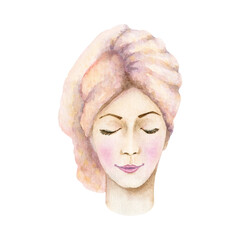 Watercolor hand drawn portrait of a girl in a spa salon bottle isolated on a white background.