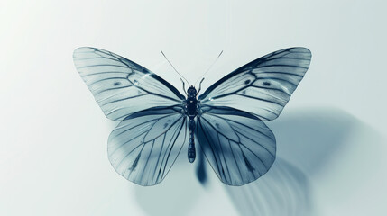 Fototapeta na wymiar X-ray butterfly image on light background with sun rays and strong shadows. Aesthetic nature concept. Generative AI