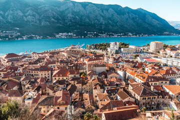 Fototapeta na wymiar Coastal view on a sunny winter day on the Bay of Kotor, Montenegro