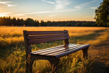 Bench in field against background of beautiful nature