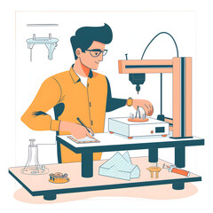An engineer working with a 3d printer to create prototypes isolated on white background, hand drawn, png
