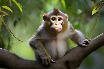 Fototapeta premium Monkey animal mammal, wildlife, wild, baby, nature, jungle, fur, zoo, forest, animals, asia, tree, face, sitting, green, child, thailand, small, Ai generated 