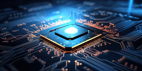 Glowing micro chip concept on blue circuit board