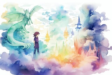 An astronaut communing with mystical creatures depicted in a wide shot from a low angle with a fantastical editorial vibe patelcolorwatercolorminimalanime