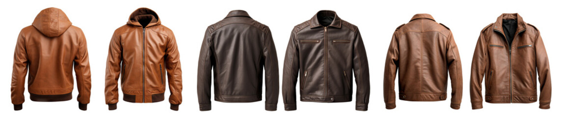 Set of men's brown leather jackets showcasing front and back views mock-up, cut out - obrazy, fototapety, plakaty