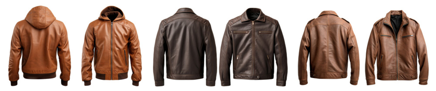 Set of men's brown leather jackets showcasing front and back views mock-up, cut out