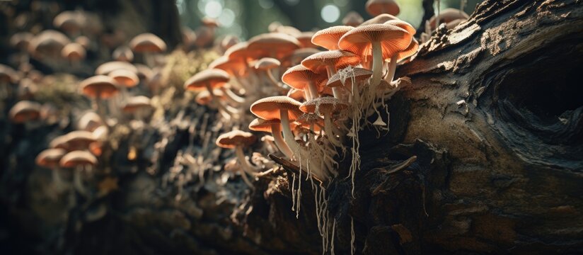 A cluster of mushrooms has sprouted on the bark of a tree trunk. The mushrooms vary in size and color, adding a splash of earthy tones to the rough surface of the tree.