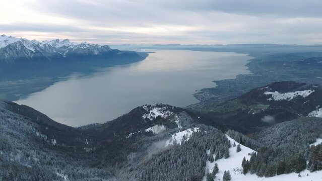 Montreux Riviera Leman Lake Switzerland Panoramic Drone Shot