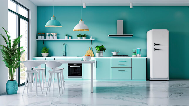 Modern kitchen design mint color kitchen design, cyan, turquoise.