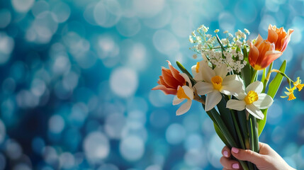 close-up of a woman's hand holding a bouquet of spring flowers, tulips and daffodils, on a blurred blue background, on a sunny day. free space for copy text.