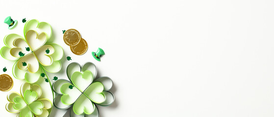 St Patrick's Day banner design with paper cut clover leaves on white background. Flat lay, top...