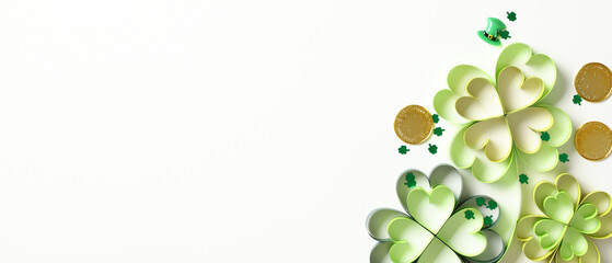Happy Saint Patrick's Day banner design with paper cut four leaf clover flowers, gold leprechauns...