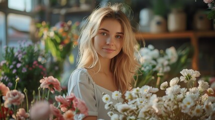 a female florist at work - pretty blonde young woman making flower bouquets