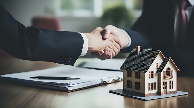 Two business people shaking hands over a model house.