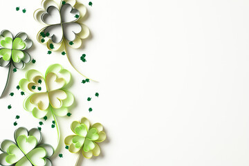 Top view photo of St Patricks day paper cut clover leaves and confetti on white background.