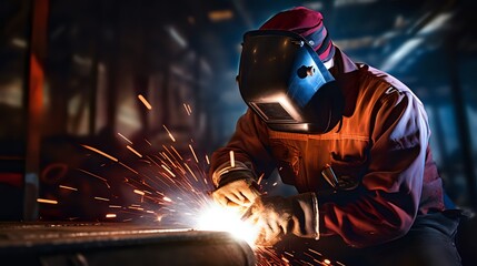  A welder wearing protective gear is welding a metal pipe, spark - obrazy, fototapety, plakaty