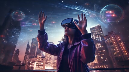 Obraz premium A young woman wearing a virtual reality headset stands in a city