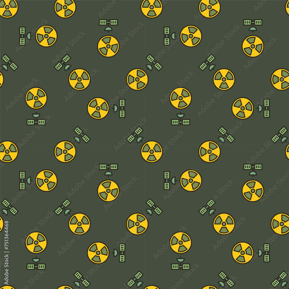 Poster radiation symbol and satellite in space vector colored seamless pattern