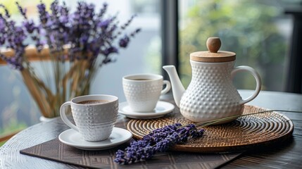 Elegant morning coffee setup with fresh lavender on wooden table