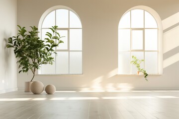 Minimalistic bright interior, modern home decor, yoga studio design for relaxation and serenity.