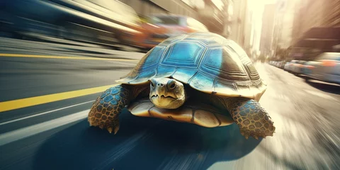 Foto op Plexiglas Super fast turtle running at high speed on the street between cars in strategy and innovation concept © Coosh448
