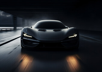Sleek Black Concept Sports Car Speeding in Tunnel