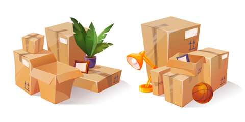 Cardboard box piles with house stuff for move to new home, garage sale or storage concept. Cartoon vector illustration set of open and closed carton pack stack with plant in pot, lamp and pictures.