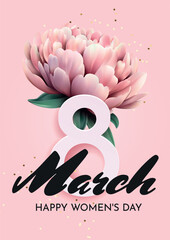 Happy Women's Day. Greeting poster with peonies and number 8 on a pink background. Template for the design of a banner, advertisement, flyer or postcard.