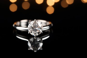 jewelry diamond ring on black background with reflection and bokeh Perfect for jewelry store advertisements or engagement-related content with Copy Space.