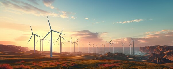 Wind farm landscape against sunset sky. Wind energy. Wind power. Sustainable and renewable energy. Wind turbines generate electricity. Green technology. Renewable resources.