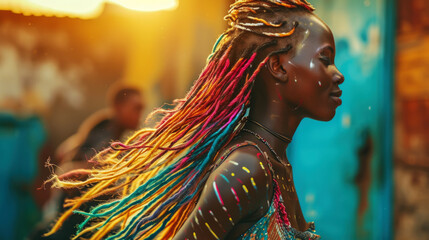 Energetic cool African woman with colourful dreadlocks dancing on the street. Holi Diwali...