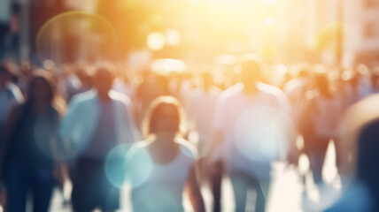 crowd of people on a sunny summer street blurred abstract background in out-of-focus, sun glare image light