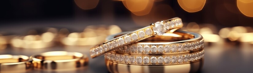 Wedding rings on bokeh background with copy space. marriage concept with copy space.