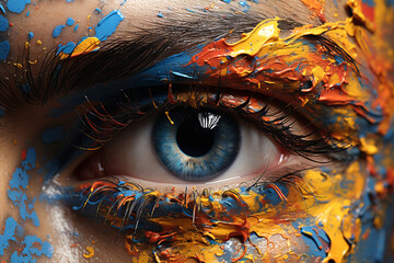 Close-up of an eye of a woman's face covered with colorful strokes of paint. Art therapy concept.