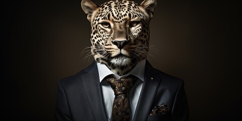 A proud leopard stands tall wearing a crisp suit and tie, its neck adorned with a striking collar, radiating power and elegance - obrazy, fototapety, plakaty