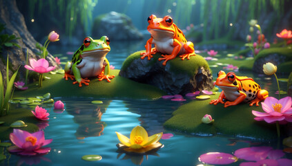 Colorful frogs at a small pond - obrazy, fototapety, plakaty