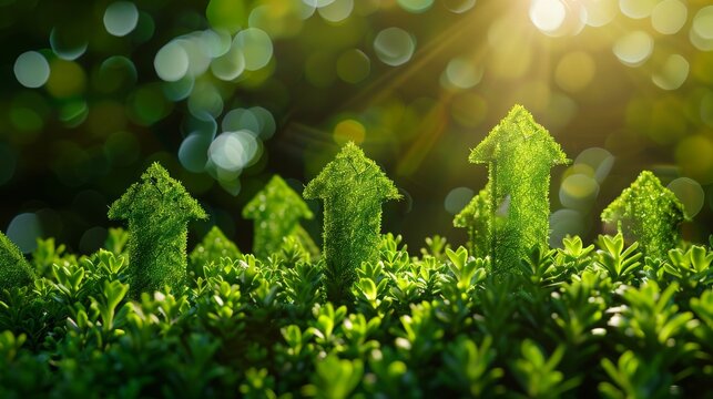 upward pointing arrows made of lush green moss - illustration of ecological, sustainable growth and develeopement