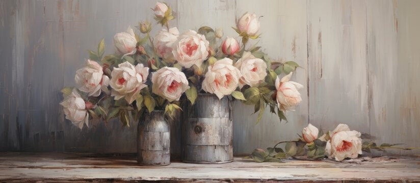 A painting depicting a bouquet of white roses arranged in a silver vase. The delicate petals of the roses contrast beautifully with the sleek metal of the vase.