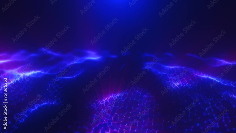 Poster blue energy magic digital high tech waves with light rays lines and energy particles. abstract backg
