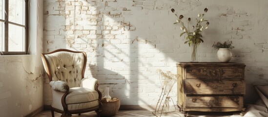 A room featuring a contemporary chest of drawers with decorations placed next to a whitewashed brick wall. A chair is positioned in the middle of the room, adding to the minimalist aesthetic.