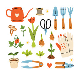 Set of gardening items in hand drawn cartoon style. Various agricultural and garden tools for spring work. Growing plants, flowers and herbs, seedling. Vector clip art illustration.