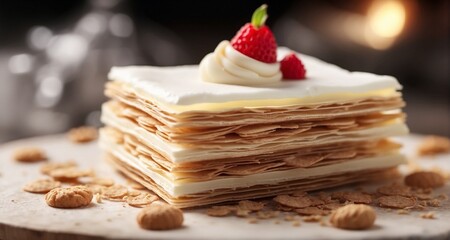 Create a close-up photograph of a single yummy wafer with layers of crispy goodness and luscious cream oozing out. Emphasize the realistic details of the wafer's texture -AI Generative